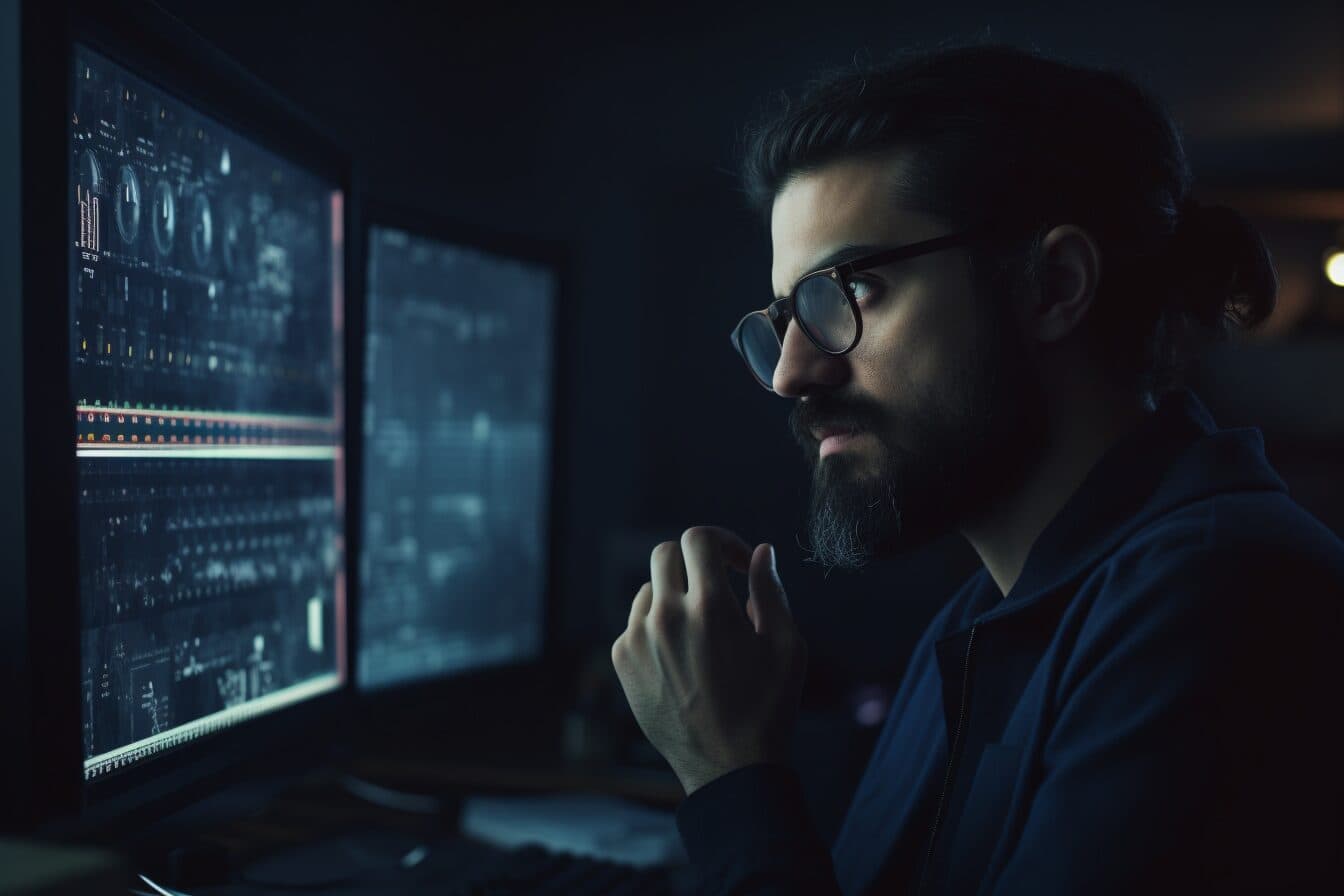 A person with a beard and glasses is intently looking at a computer screen displaying complex data or code in a dimly lit room. There are multiple monitors, and the atmosphere suggests focus and concentration.