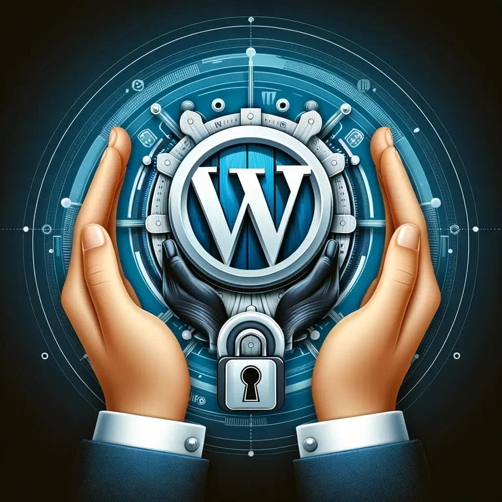 WordPress Security and Optimization Services Illustration Illustration of WordPress logo shielded and polished by hands, symbolizing expert WordPress hosting, security, and optimization services by Modern Labyrinth.