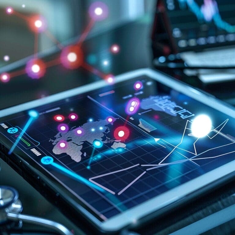 medical-whoop-data A tablet displaying a digital map with glowing nodes connected by lines, surrounded by futuristic graphics and charts. The background shows blurred graphs and a keyboard, symbolizing technology and data analysis.