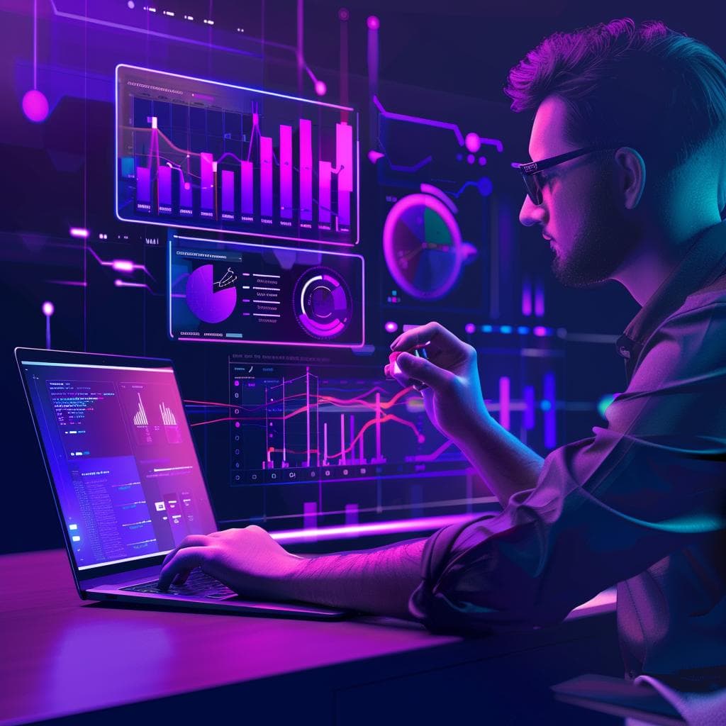 ppc-optimize A person using a laptop, surrounded by digital screens displaying graphs and charts in neon colors. The scene is illuminated by purple and blue lighting, giving a futuristic and tech-focused ambiance.
