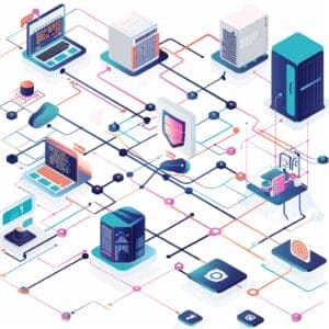 data-driven-workflow Isometric illustration of a networked digital infrastructure with interconnected devices, including laptops, servers, and data centers. Lines and nodes depict data flow and connectivity in a futuristic, technological environment.