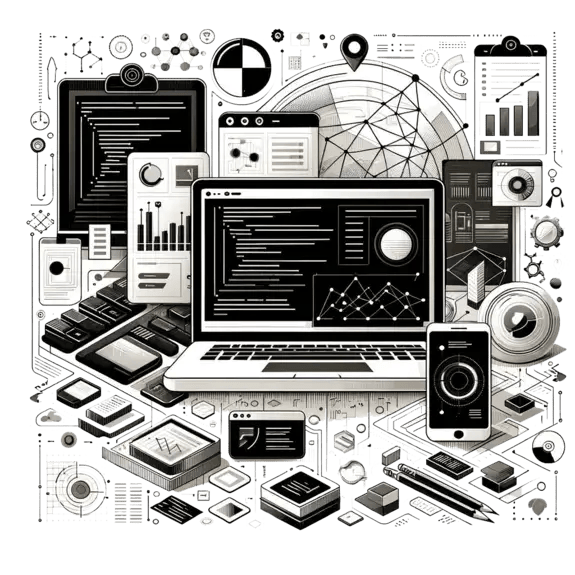 Illustration of a laptop surrounded by various digital devices, charts, graphs, and data icons, representing technology, data analysis, and information sharing in a modern, interconnected digital environment.