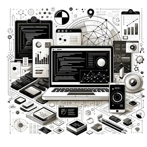 homepage-1 (3) Illustration of a laptop surrounded by various digital devices, charts, graphs, and data icons, representing technology, data analysis, and information sharing in a modern, interconnected digital environment.