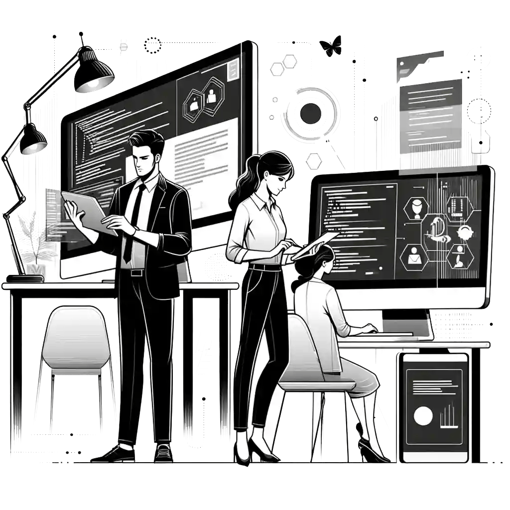 Three people work at large computer screens displaying data and charts. One man reads a document, a woman stands with a tablet, and a child sits at a computer. The setting appears modern and tech-focused.