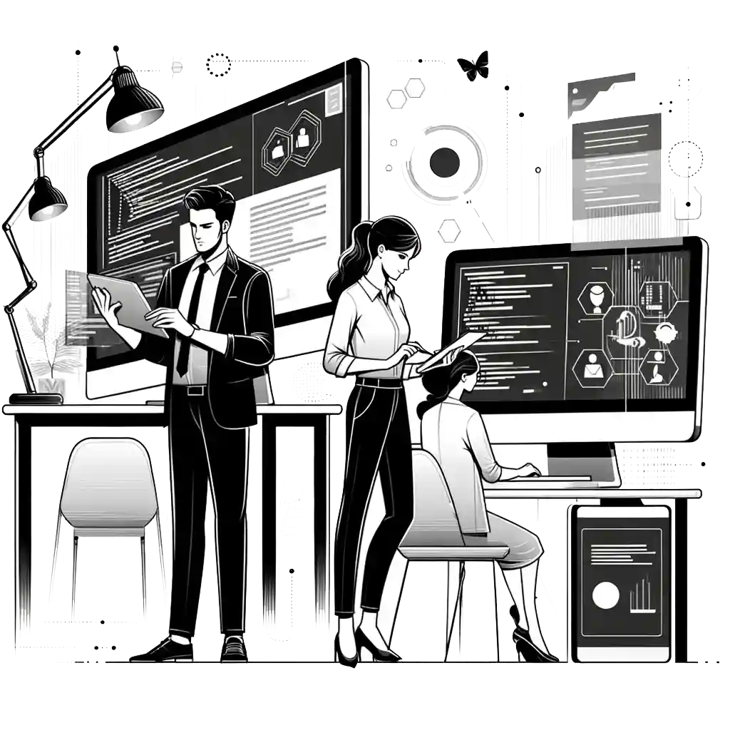 homepage-2 Three people work at large computer screens displaying data and charts. One man reads a document, a woman stands with a tablet, and a child sits at a computer. The setting appears modern and tech-focused.