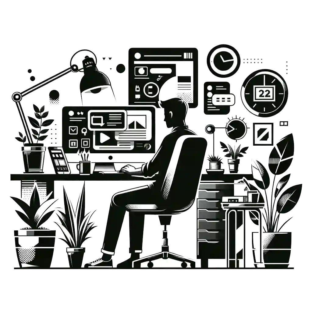 homepage-3 A person sits at a desk working on a computer, surrounded by plants, office supplies, and digital screens displaying charts, graphs, and icons, creating a modern, tech-inspired workspace.