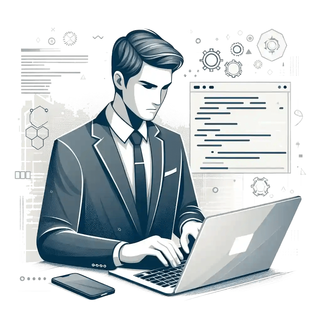 A man in a suit works on a laptop, surrounded by digital graphics of gears, code, and charts, suggesting a focus on technology or business analysis.