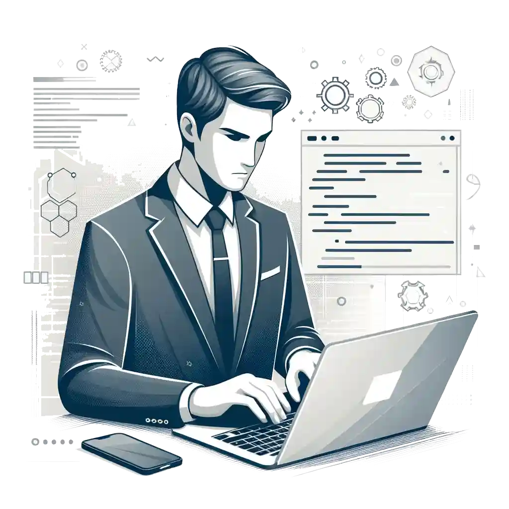 homepage-4 A man in a suit works on a laptop, surrounded by digital graphics of gears, code, and charts, suggesting a focus on technology or business analysis.