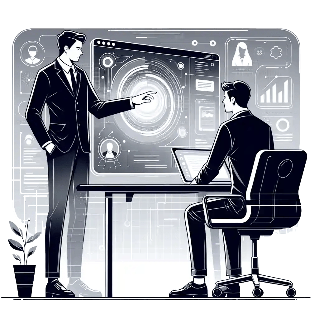 Two men in business suits discuss data at a desk with a large futuristic digital screen displaying charts and graphics. One man stands and gestures at the screen; the other sits with a laptop. A plant is beside the desk.