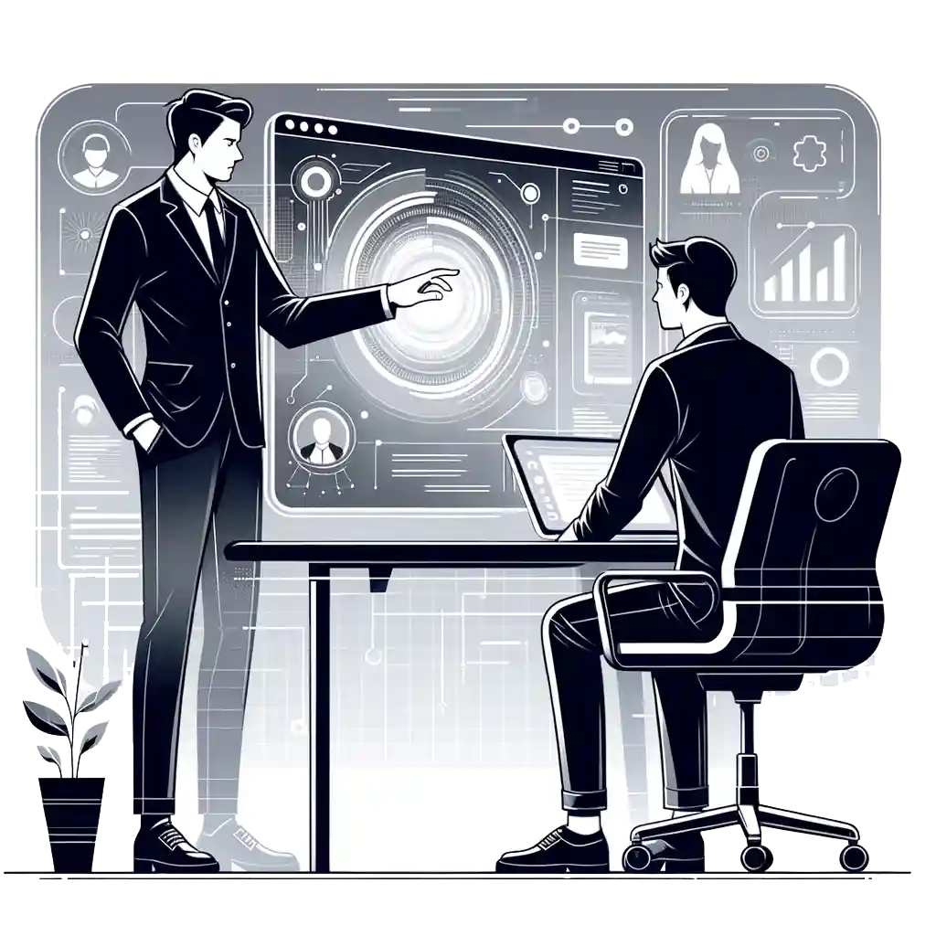 homepage-5 Two men in business suits discuss data at a desk with a large futuristic digital screen displaying charts and graphics. One man stands and gestures at the screen; the other sits with a laptop. A plant is beside the desk.